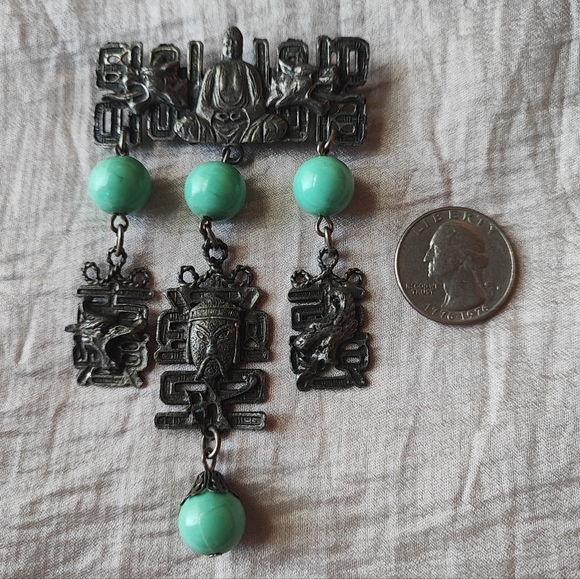 Asian Inspired Ethnic Faux Green Turquoise Metal Buddha Brooch Pewter Tone EUC - Picture 6 of 9